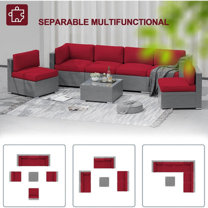 Set da conversazione con divano componibile imbottito in vimini e rattan grigio da esterno, 7 pezzi