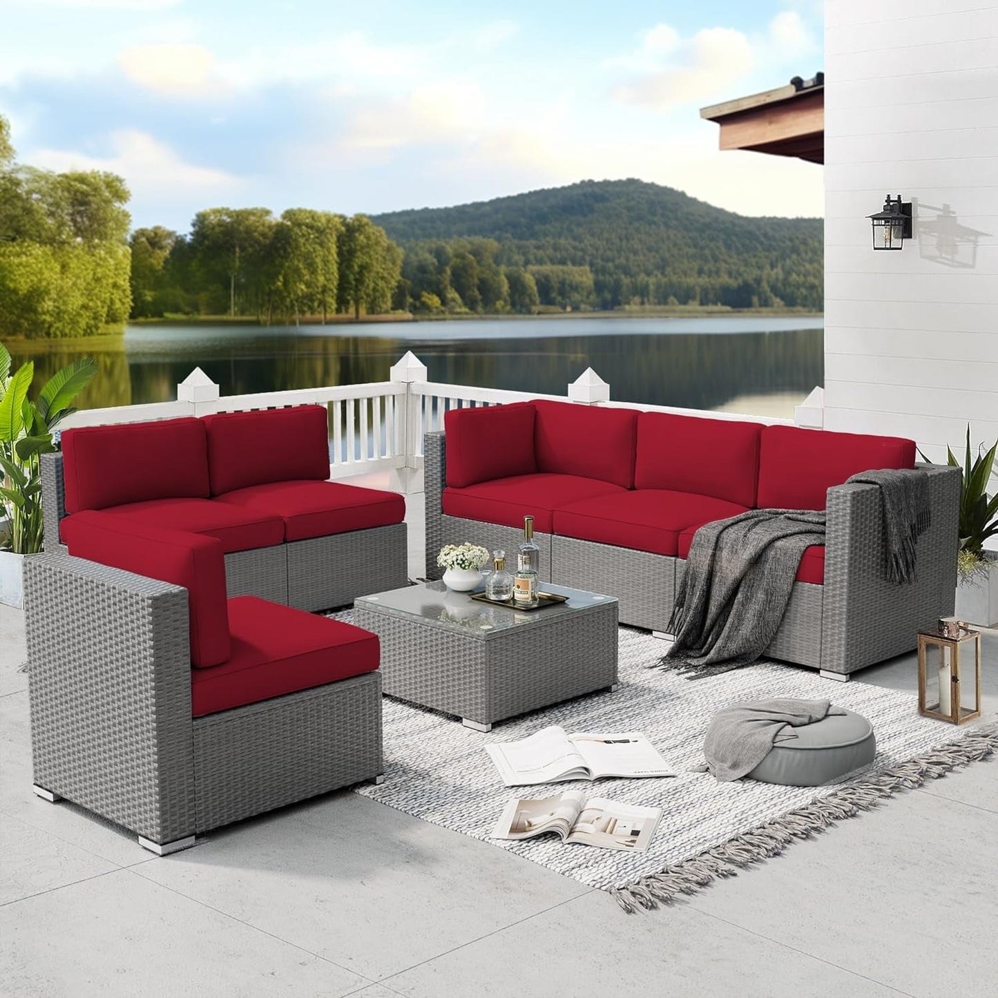 Set da conversazione con divano componibile imbottito in vimini e rattan grigio da esterno, 7 pezzi