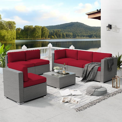 Set da conversazione con divano componibile imbottito in vimini e rattan grigio da esterno, 7 pezzi