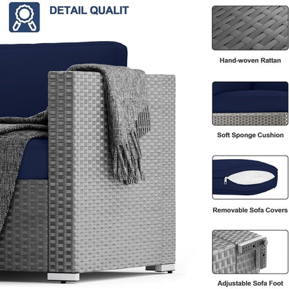 Set da conversazione con divano componibile imbottito in vimini e rattan grigio da esterno, 7 pezzi