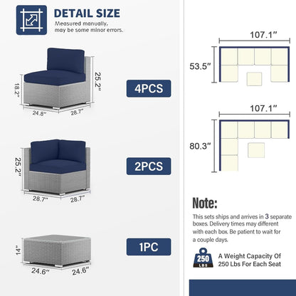 Set da conversazione con divano componibile imbottito in vimini e rattan grigio da esterno, 7 pezzi