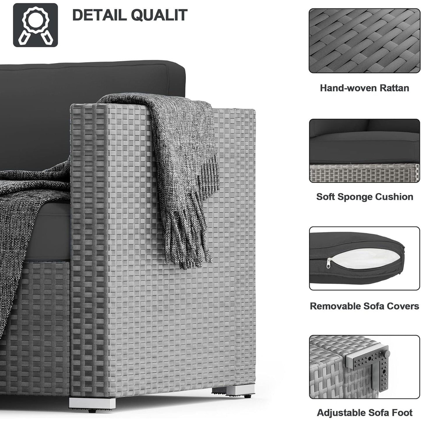 Set da conversazione con divano componibile imbottito in vimini e rattan grigio da esterno, 7 pezzi