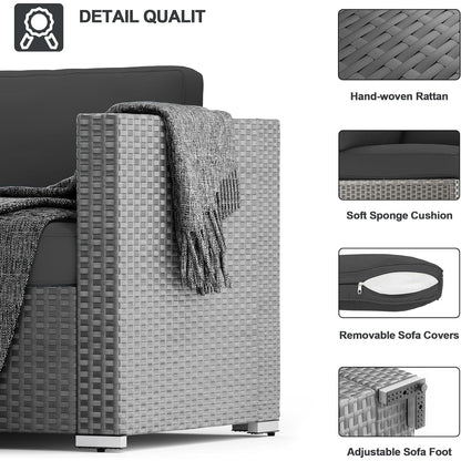 Set da conversazione con divano componibile imbottito in vimini e rattan grigio da esterno, 7 pezzi