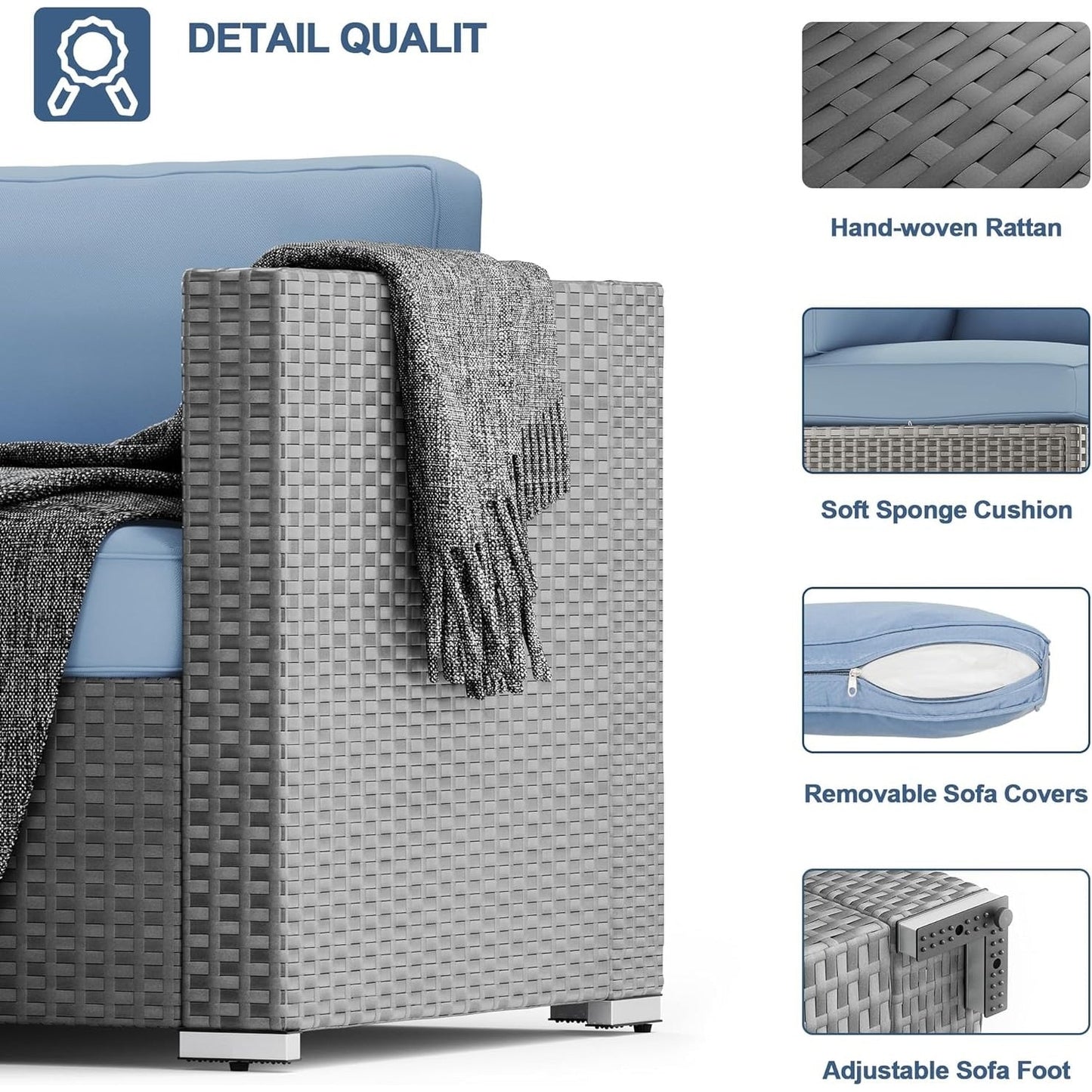 Set da conversazione con divano componibile imbottito in vimini e rattan grigio da esterno, 7 pezzi