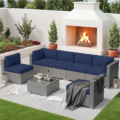 Set da conversazione con divano componibile imbottito in vimini e rattan grigio da esterno, 7 pezzi