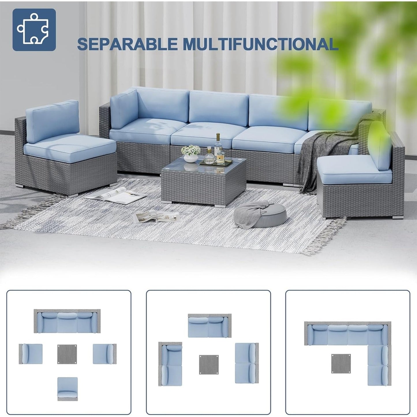 Set da conversazione con divano componibile imbottito in vimini e rattan grigio da esterno, 7 pezzi