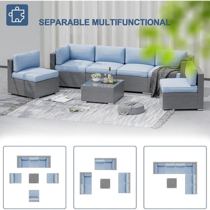 Set da conversazione con divano componibile imbottito in vimini e rattan grigio da esterno, 7 pezzi