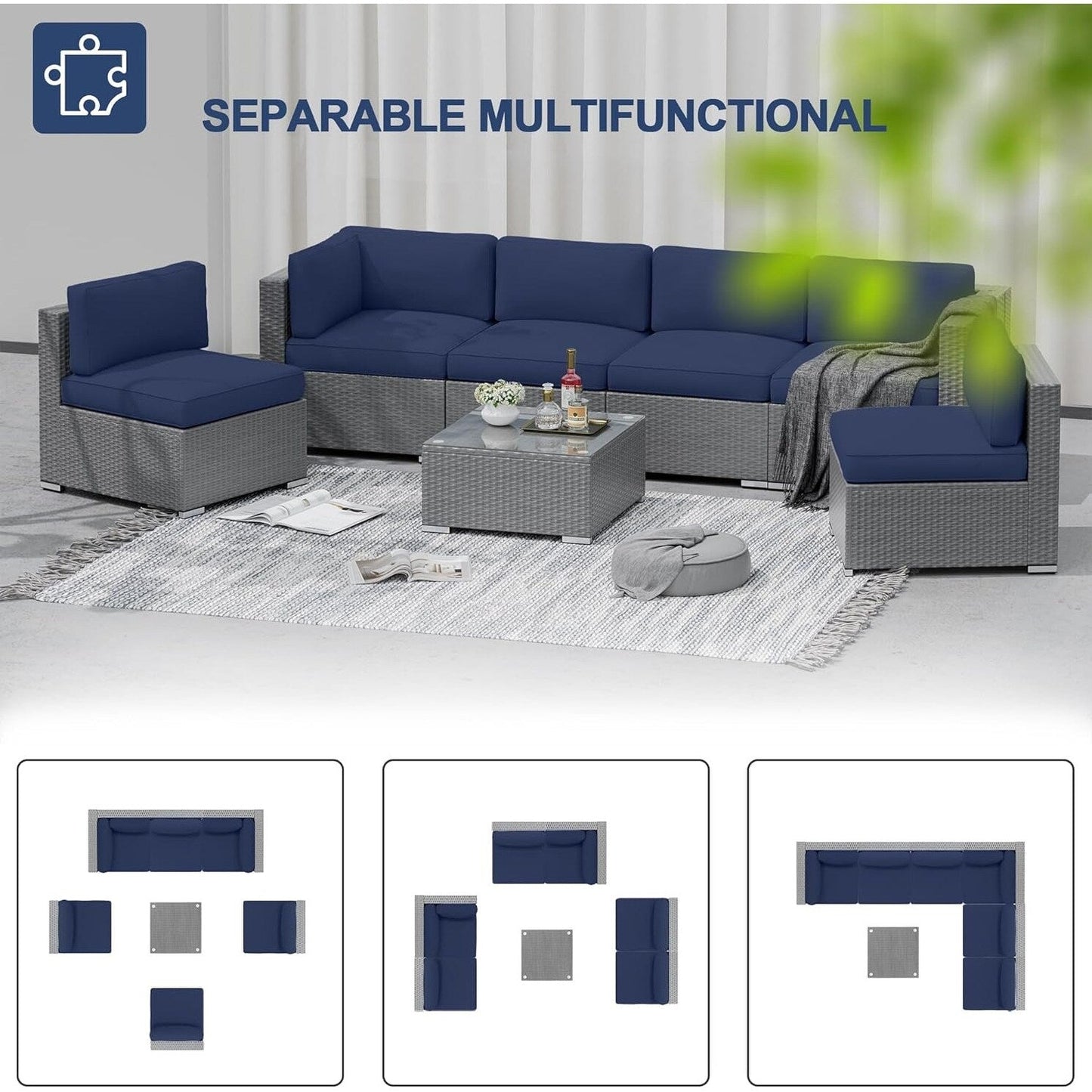 Set da conversazione con divano componibile imbottito in vimini e rattan grigio da esterno, 7 pezzi