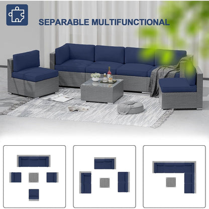 Set da conversazione con divano componibile imbottito in vimini e rattan grigio da esterno, 7 pezzi