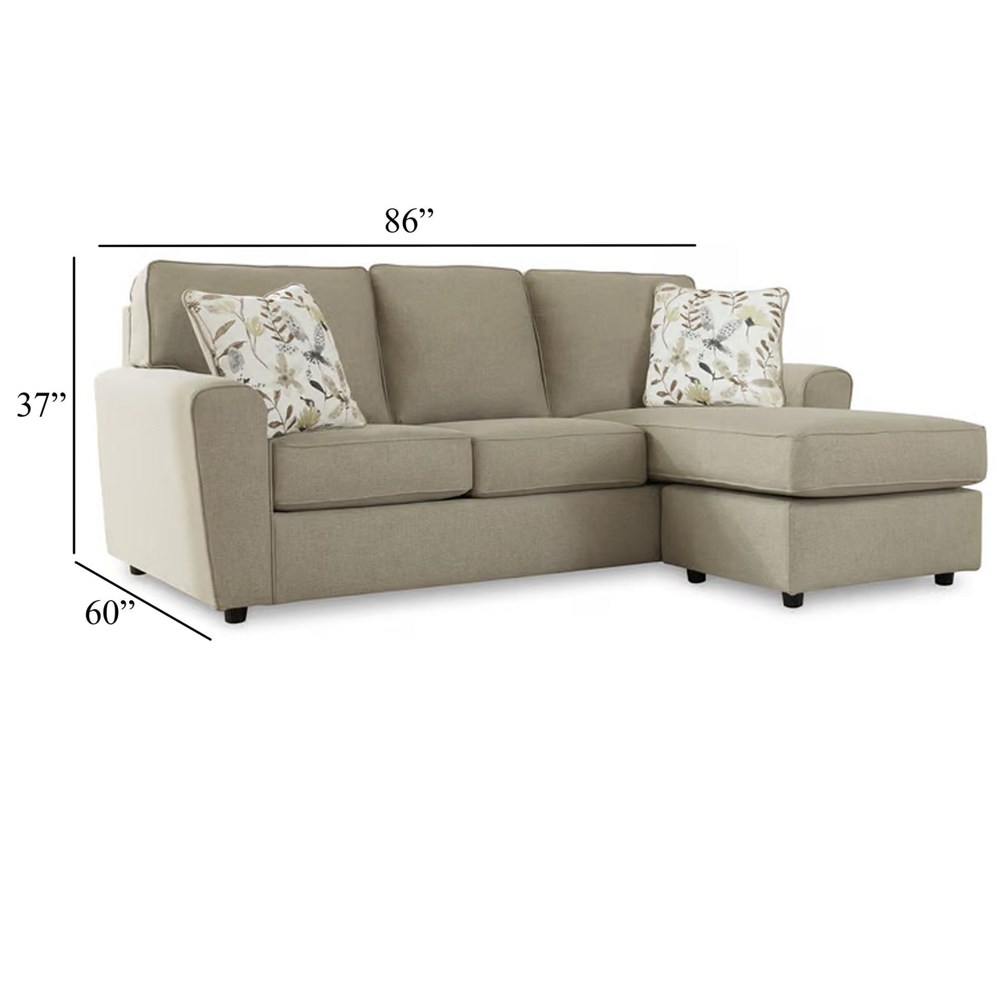 Divano Saash Chaise Longue, 86 pollici, 2 cuscini decorativi, poliestere beige ciottolo