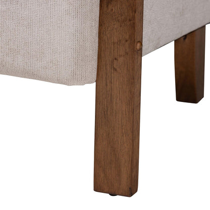 Divano moderno Sage in tessuto Japandi grigio chiaro e legno con finitura marrone noce e rattan intrecciato