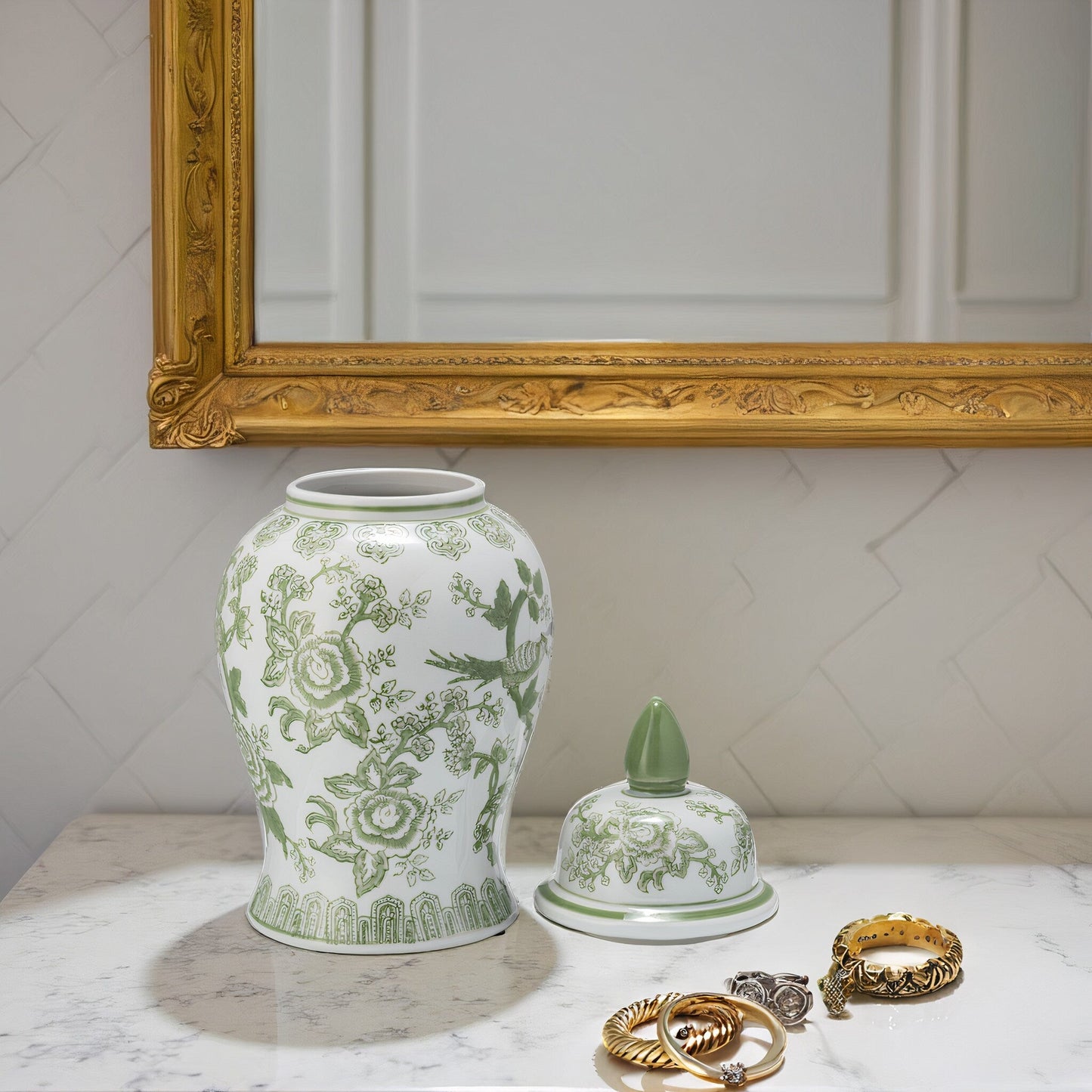 Barattolo in ceramica con coperchio in gres porcellanato Chinoiserie di Sagebrook Home - Pezzo decorativo ornamentale