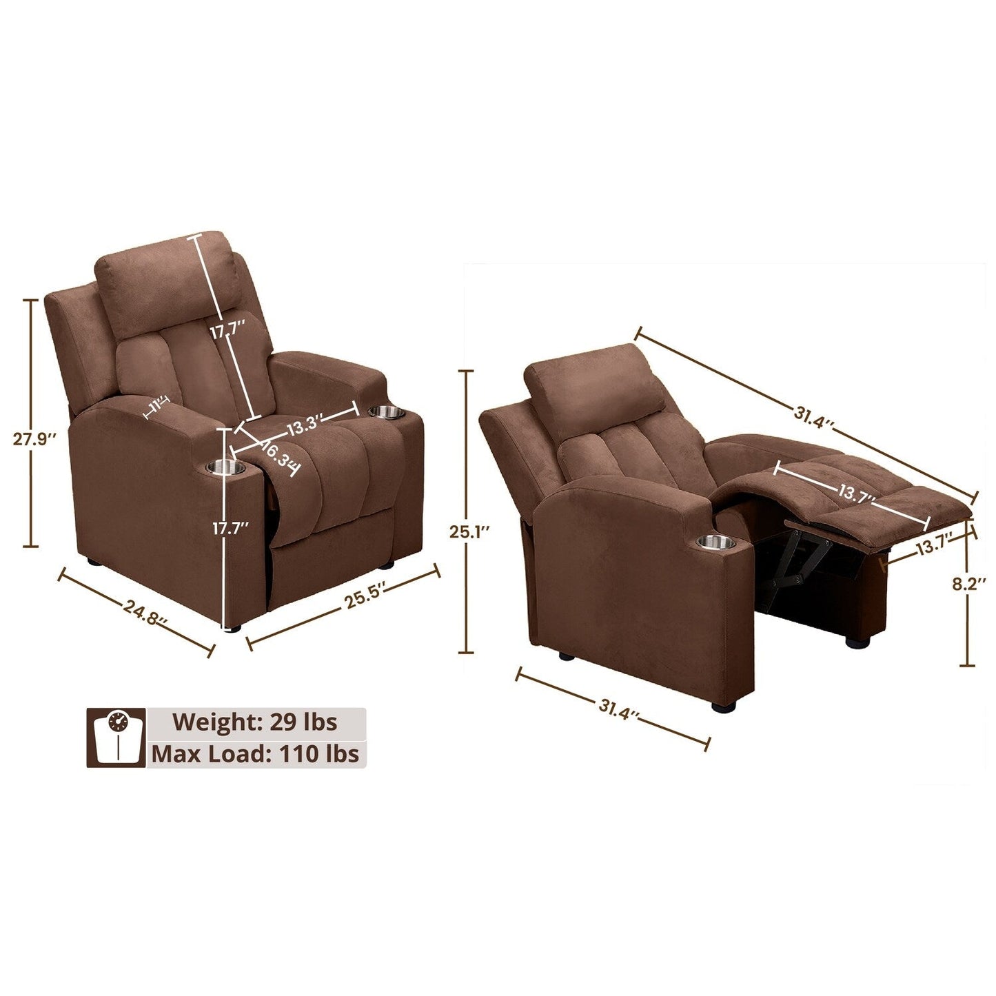 Poltrona reclinabile Deluxe per bambini con poggiapiedi, poggiatesta e 2 portabicchieri. Poltrona reclinabile in microfibra per bambini dai 3 anni in su.