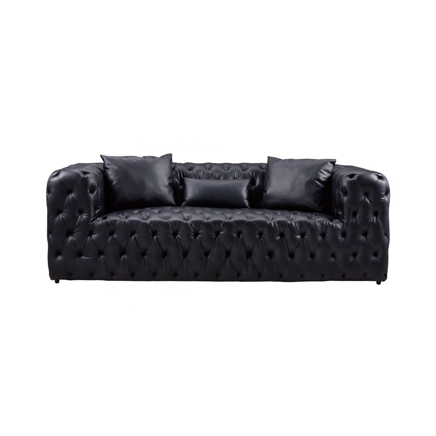 Divano Sam, in similpelle trapuntata nera, cuscini decorativi, Chesterfield, 84 pollici