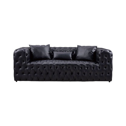 Divano Sam, in similpelle trapuntata nera, cuscini decorativi, Chesterfield, 84 pollici