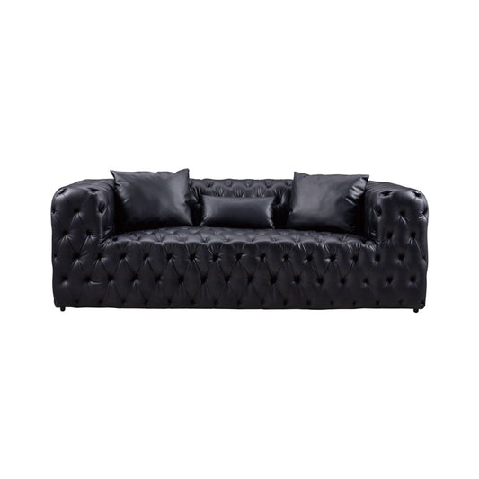 Divano Sam, in similpelle trapuntata nera, cuscini decorativi, Chesterfield, 84 pollici