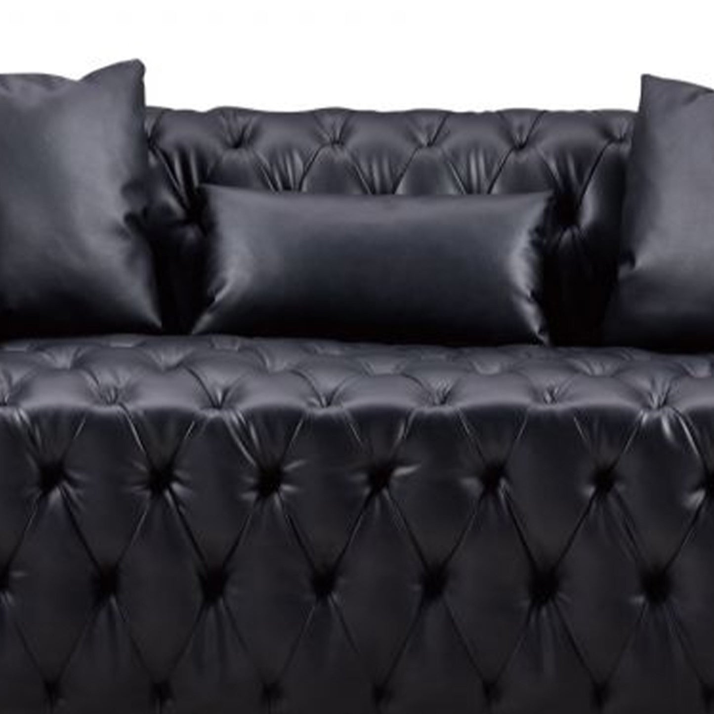 Divano Sam, in similpelle trapuntata nera, cuscini decorativi, Chesterfield, 84 pollici