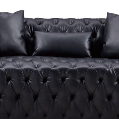 Divano Sam, in similpelle trapuntata nera, cuscini decorativi, Chesterfield, 84 pollici