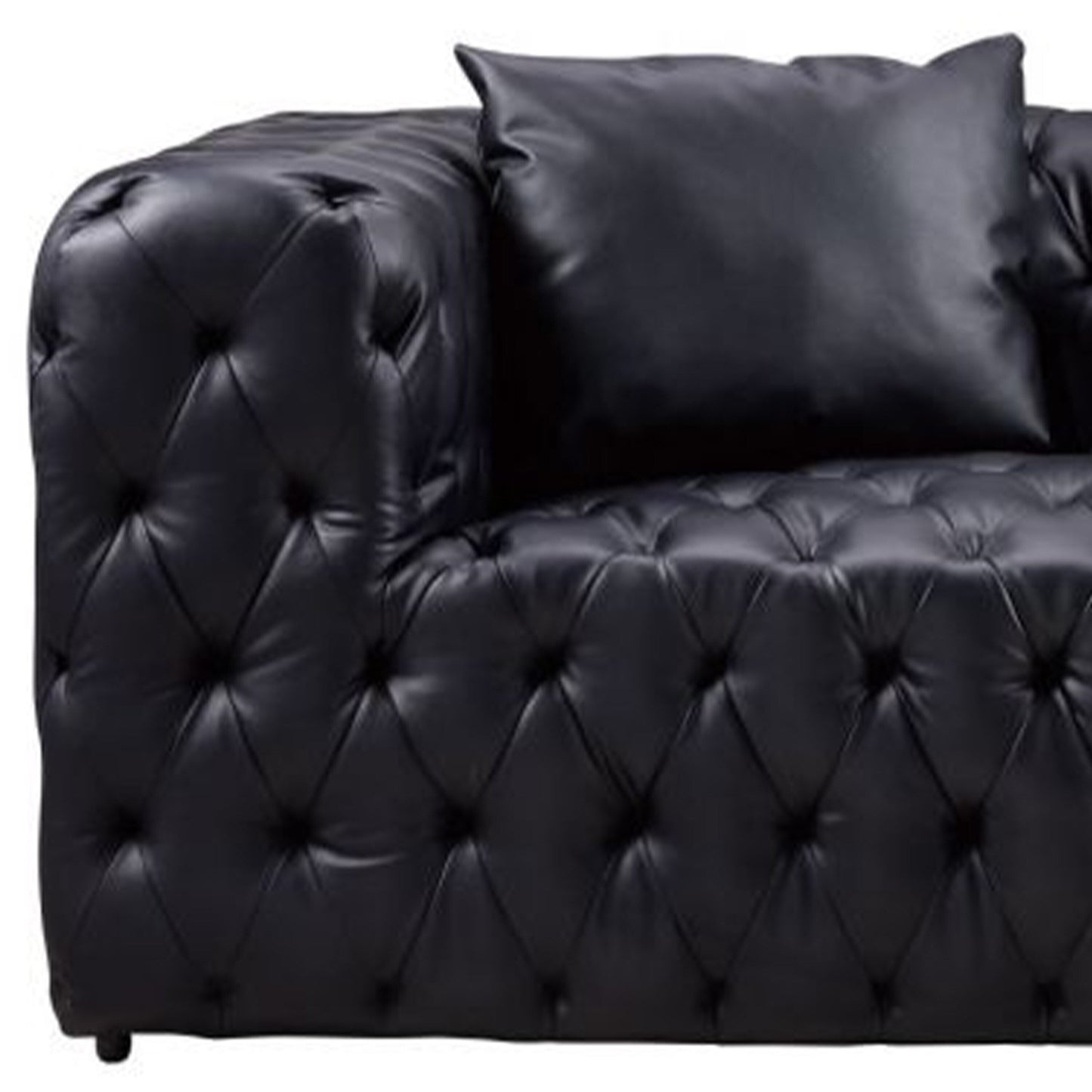 Divano Sam, in similpelle trapuntata nera, cuscini decorativi, Chesterfield, 84 pollici