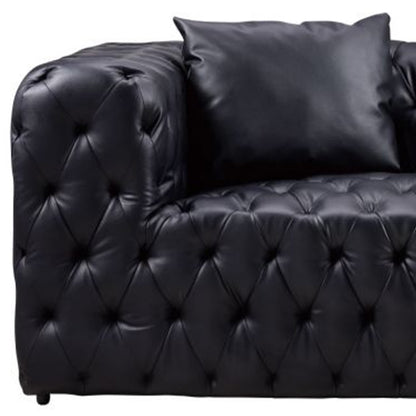 Divano Sam, in similpelle trapuntata nera, cuscini decorativi, Chesterfield, 84 pollici