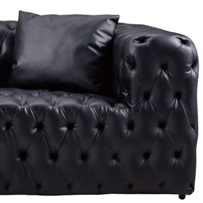 Divano Sam, in similpelle trapuntata nera, cuscini decorativi, Chesterfield, 84 pollici