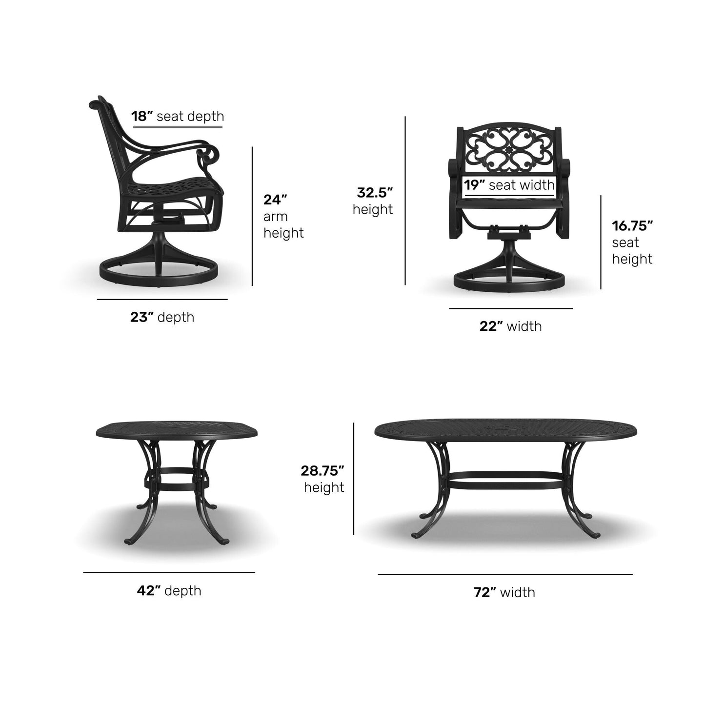 Set da pranzo per esterni Sanibel in alluminio nero da 7 pezzi di Homestyles - 72 x 29 x 42