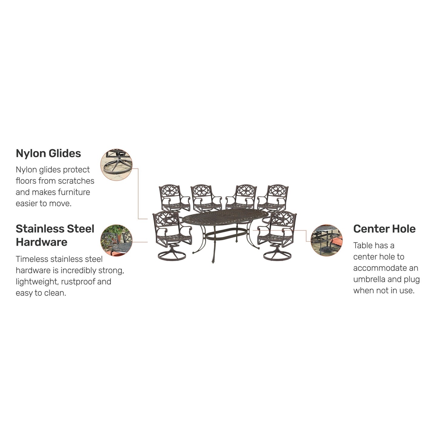 Set da pranzo per esterni Sanibel in alluminio pressofuso da 7 pezzi con tavolo ovale e 6 sedie girevoli di Homestyles