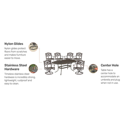 Set da pranzo per esterni Sanibel in alluminio pressofuso da 7 pezzi con tavolo ovale e 6 sedie girevoli di Homestyles