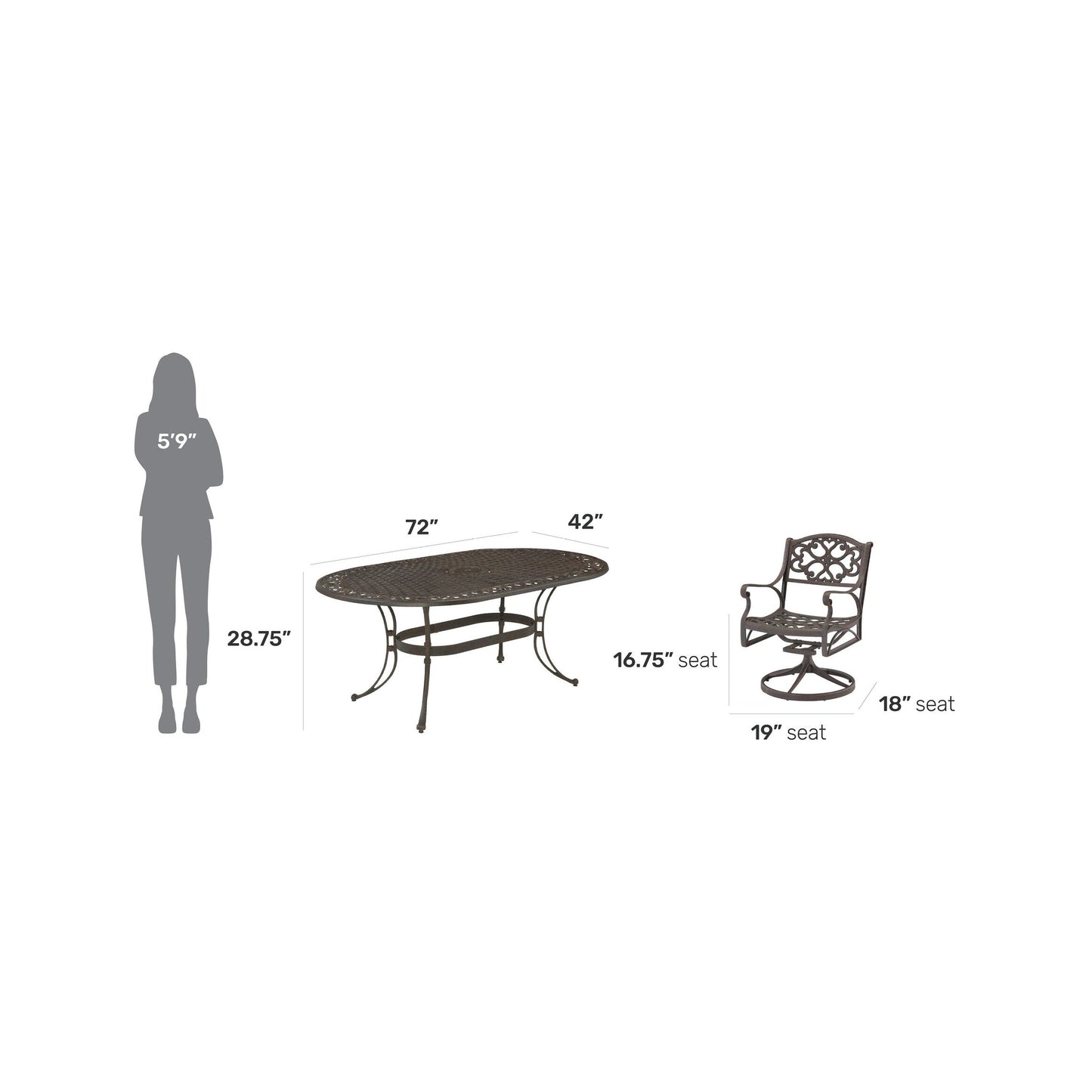 Set da pranzo per esterni Sanibel in alluminio pressofuso da 7 pezzi con tavolo ovale e 6 sedie girevoli di Homestyles