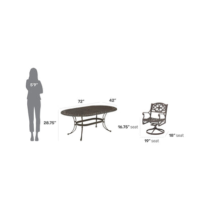 Set da pranzo per esterni Sanibel in alluminio pressofuso da 7 pezzi con tavolo ovale e 6 sedie girevoli di Homestyles