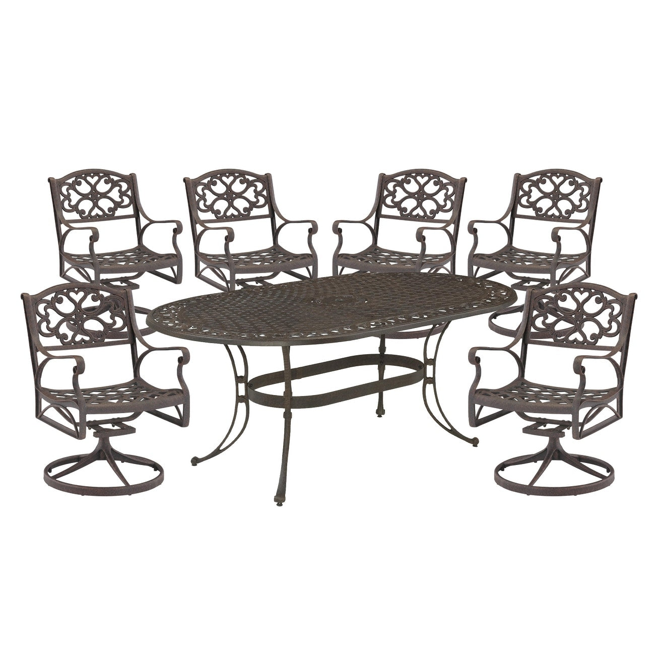 Set da pranzo per esterni Sanibel in alluminio pressofuso da 7 pezzi con tavolo ovale e 6 sedie girevoli di Homestyles