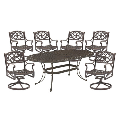 Set da pranzo per esterni Sanibel in alluminio pressofuso da 7 pezzi con tavolo ovale e 6 sedie girevoli di Homestyles