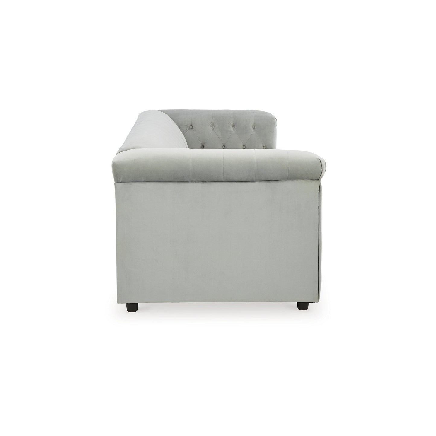 Divano Sanoi, 92 pollici, trapuntato con bottoni, morbido velluto grigio, finiture con borchie