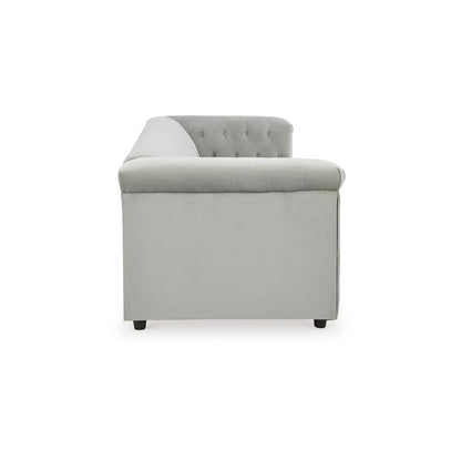 Divano Sanoi, 92 pollici, trapuntato con bottoni, morbido velluto grigio, finiture con borchie