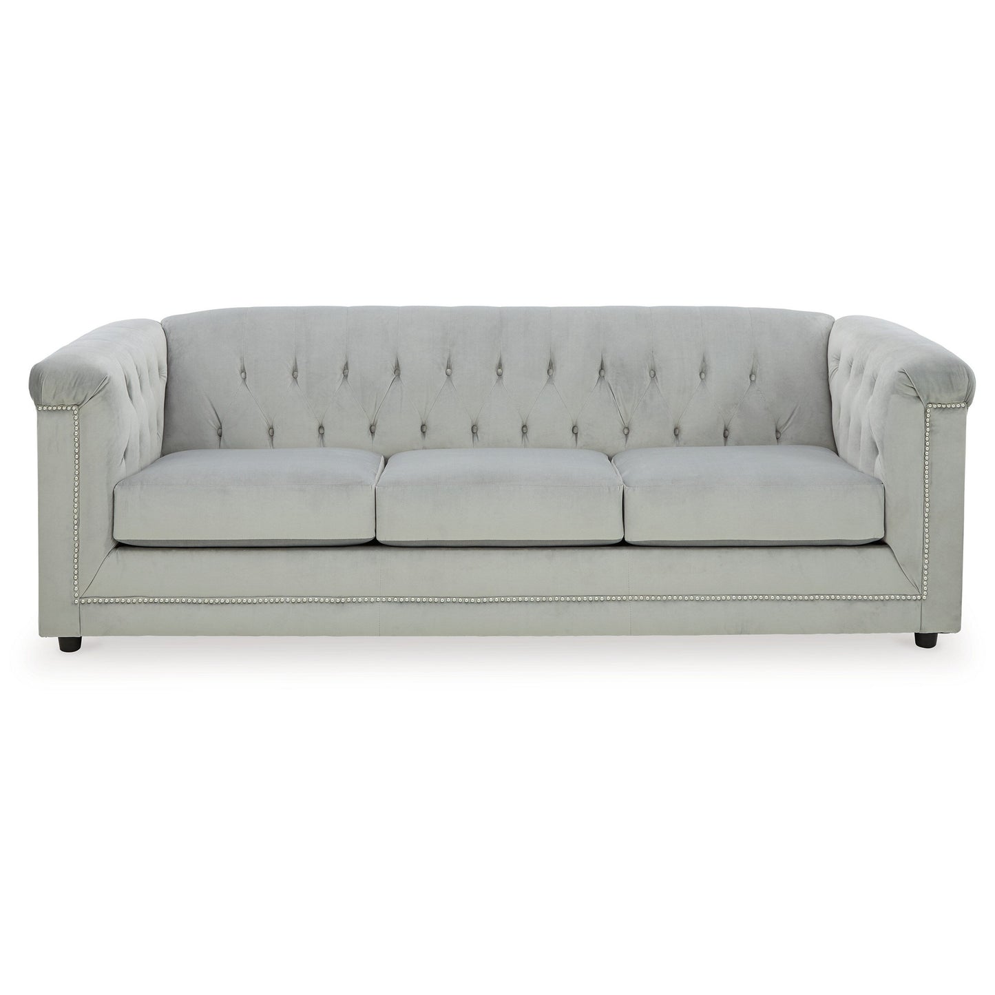 Divano Sanoi, 92 pollici, trapuntato con bottoni, morbido velluto grigio, finiture con borchie