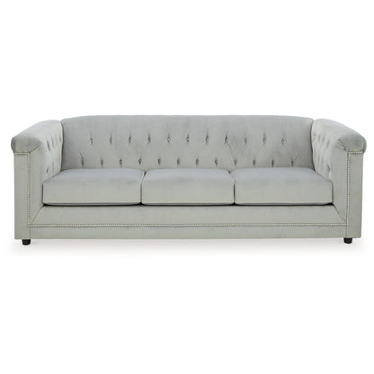 Divano Sanoi, 92 pollici, trapuntato con bottoni, morbido velluto grigio, finiture con borchie