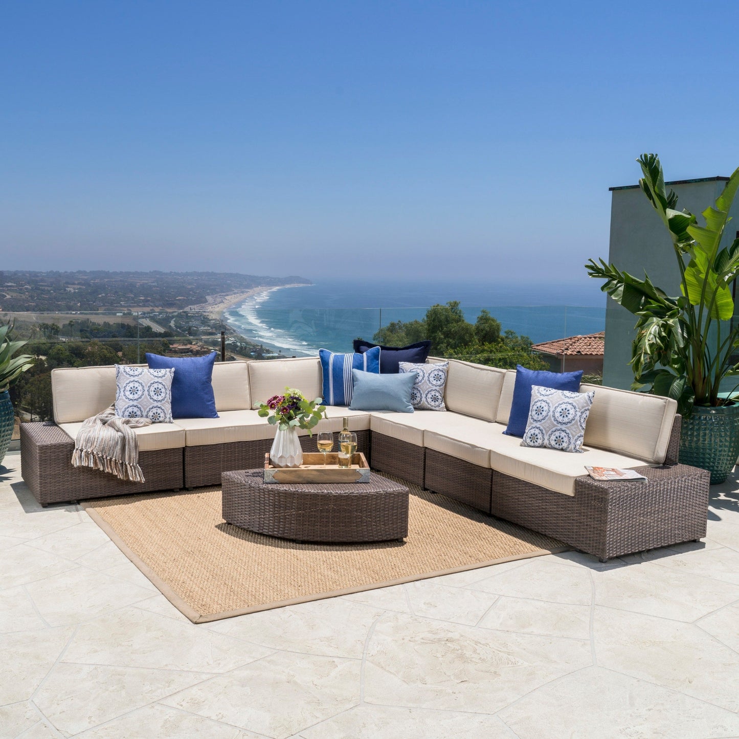 Set di divani in vimini Santa Cruz Outdoor da 8 pezzi con cuscini resistenti all'acqua di Christopher Knight Home