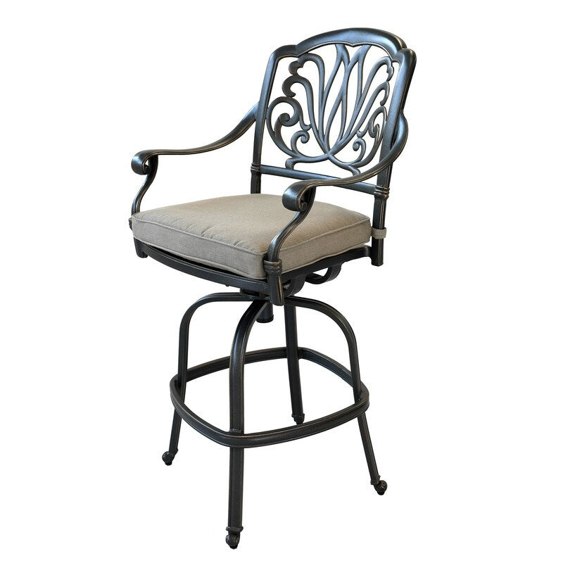 Set da bar in alluminio Saratoga da 5 pezzi con cuscini, tavolo da bar rotondo da 42