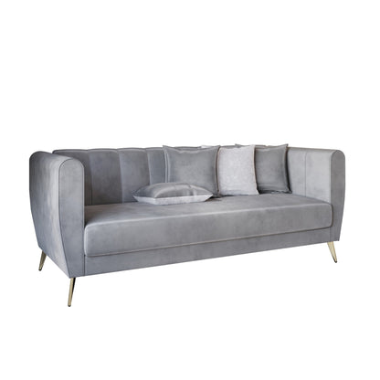 Divano Scarlett Velvet a 3 posti con braccioli svasati e 4 cuscini decorativi