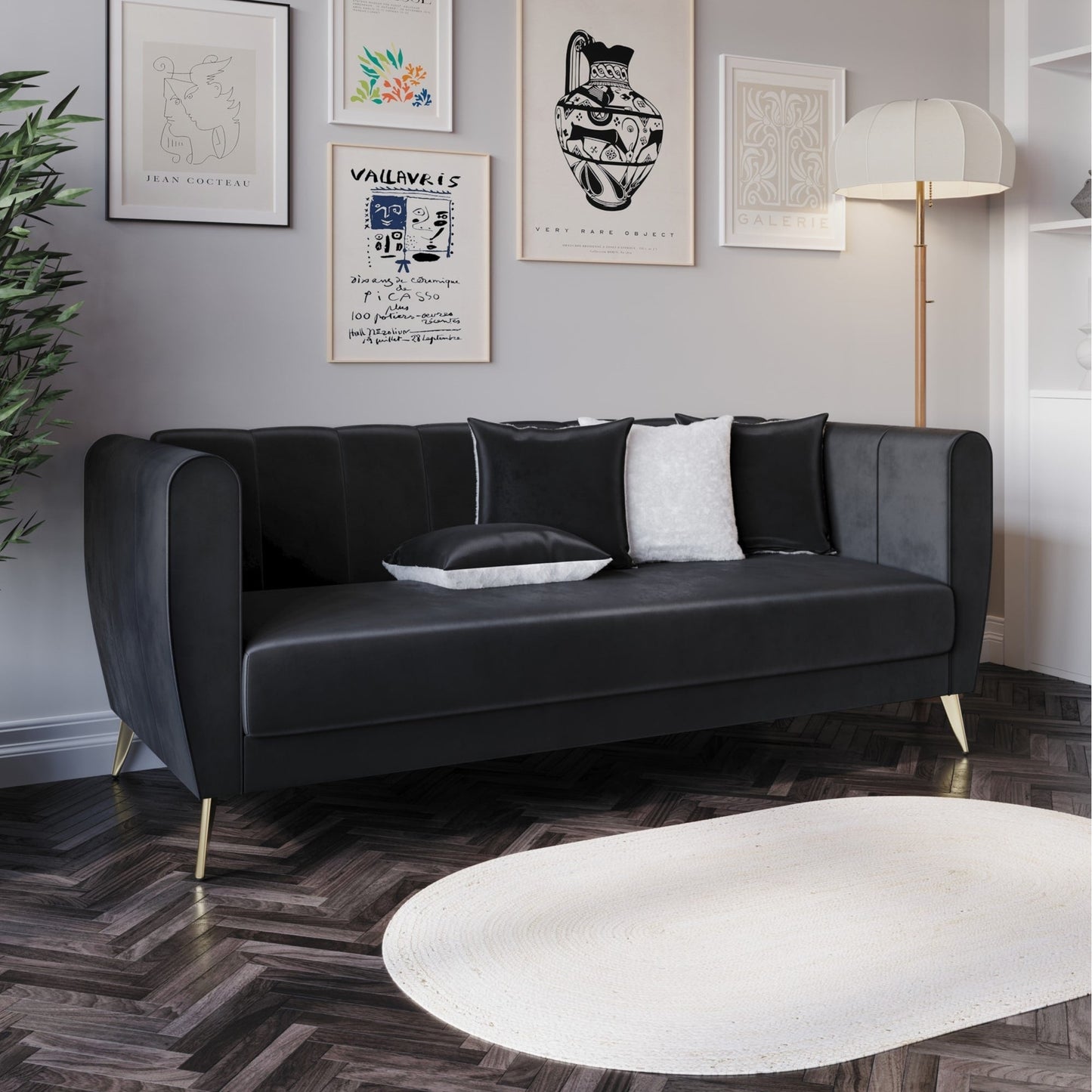 Divano Scarlett Velvet a 3 posti con braccioli svasati e 4 cuscini decorativi