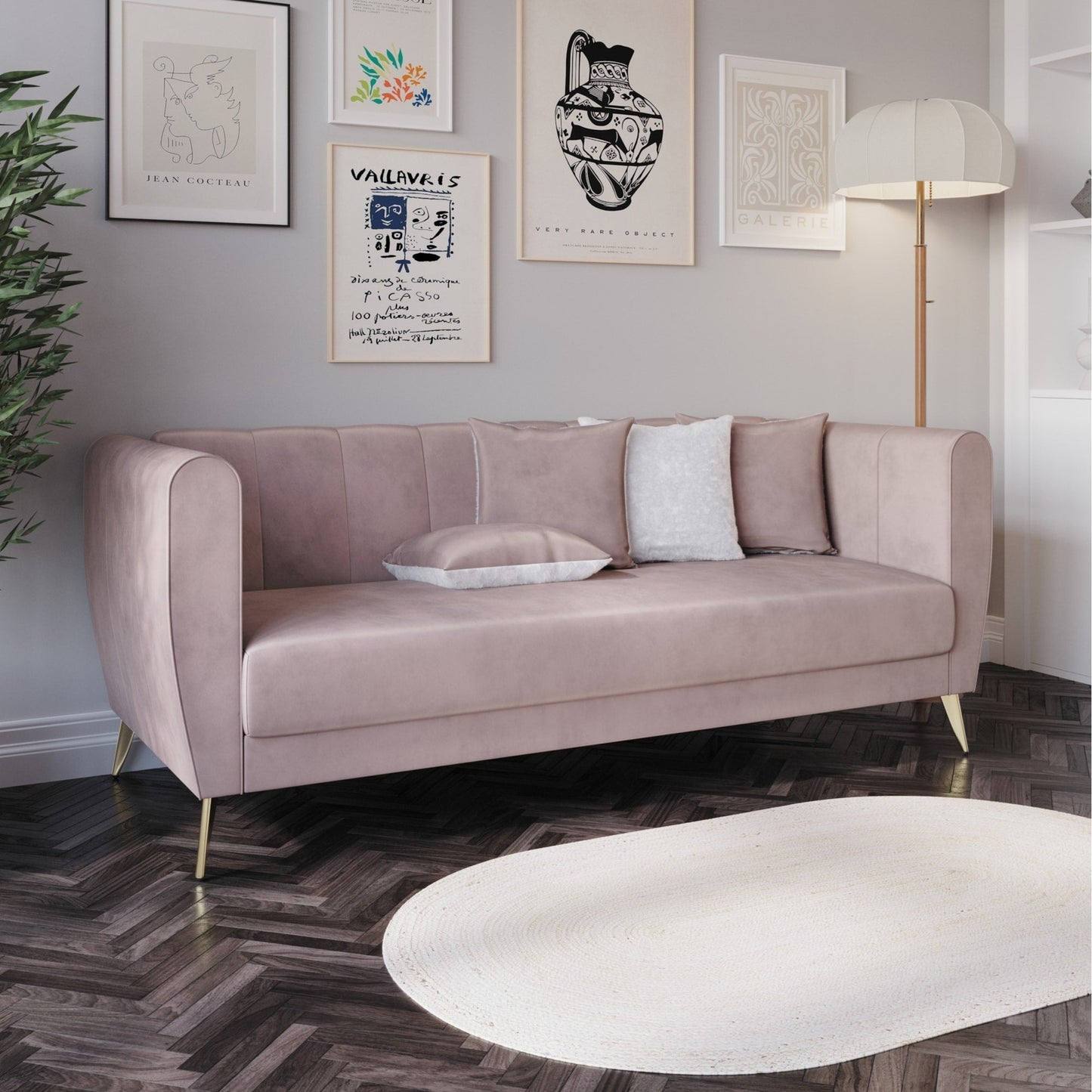 Divano Scarlett Velvet a 3 posti con braccioli svasati e 4 cuscini decorativi