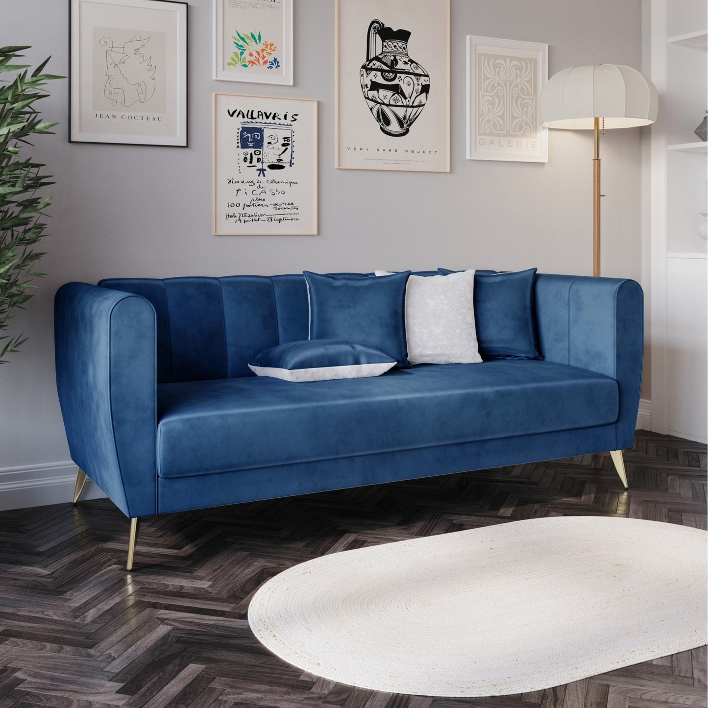 Divano Scarlett Velvet a 3 posti con braccioli svasati e 4 cuscini decorativi