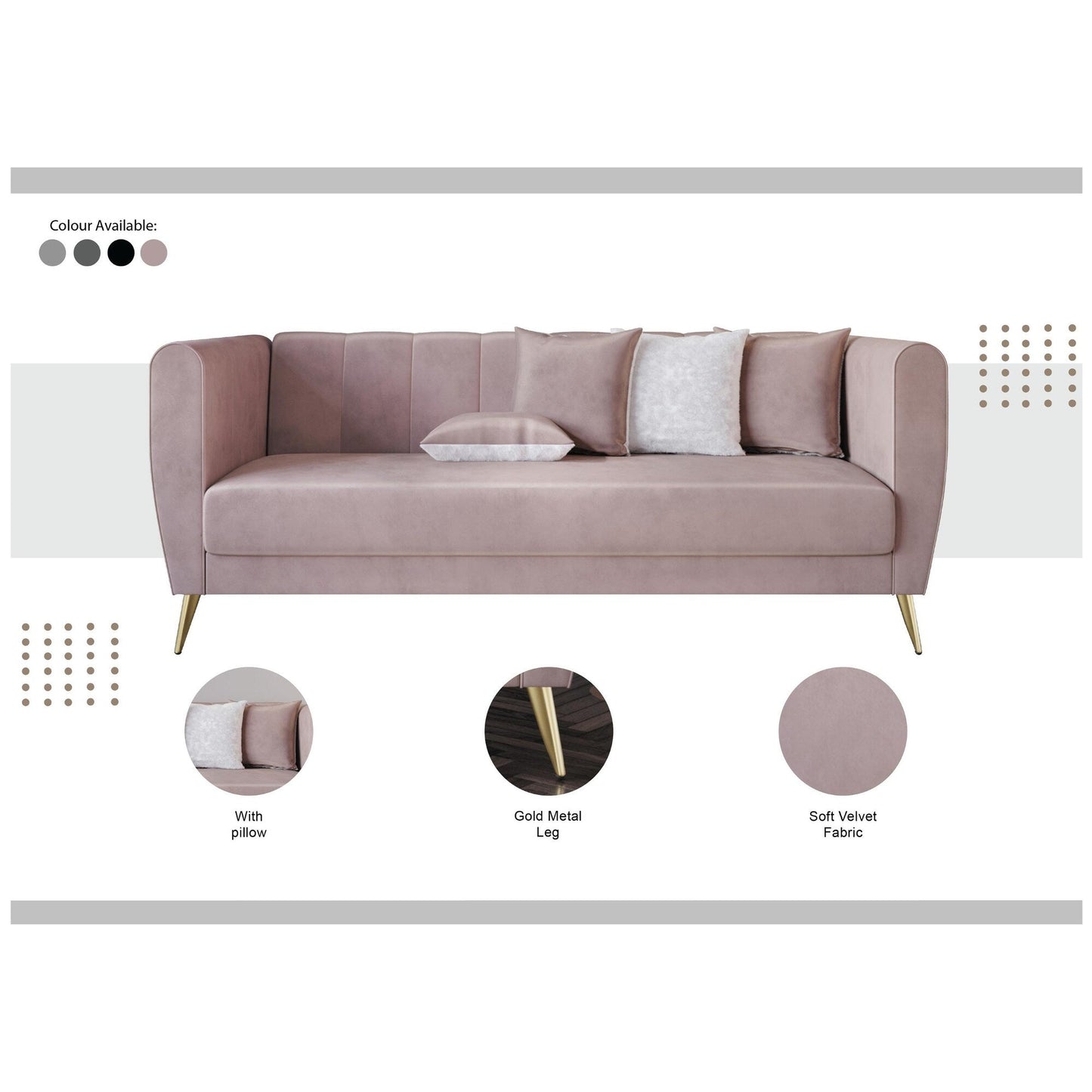 Divano Scarlett Velvet a 3 posti con braccioli svasati e 4 cuscini decorativi