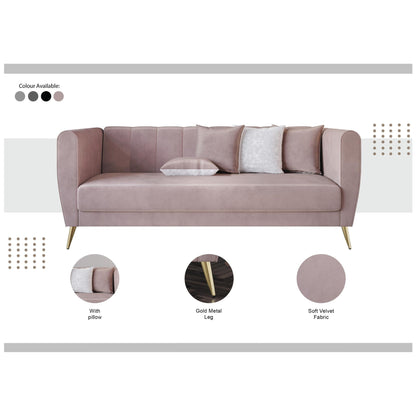 Divano Scarlett Velvet a 3 posti con braccioli svasati e 4 cuscini decorativi