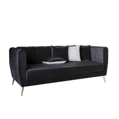 Divano Scarlett Velvet a 3 posti con braccioli svasati e 4 cuscini decorativi