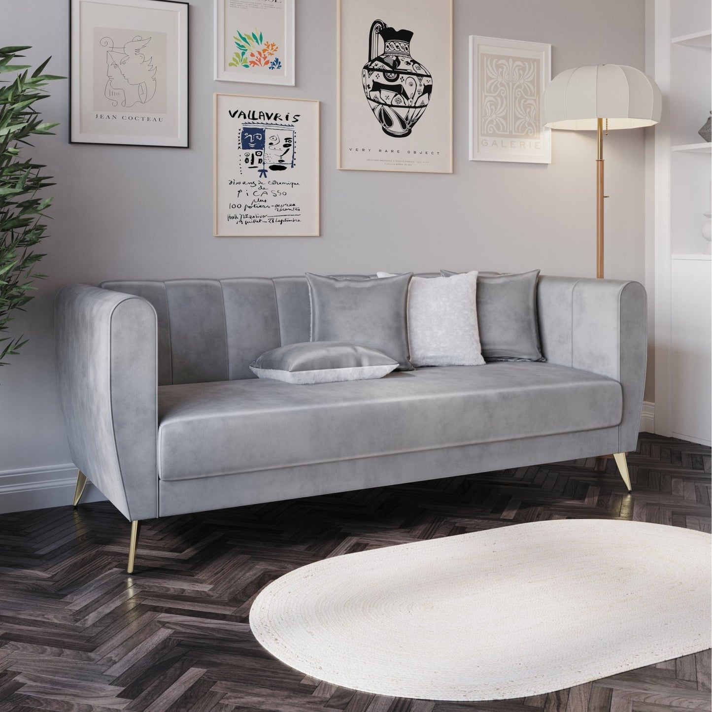 Divano Scarlett Velvet a 3 posti con braccioli svasati e 4 cuscini decorativi