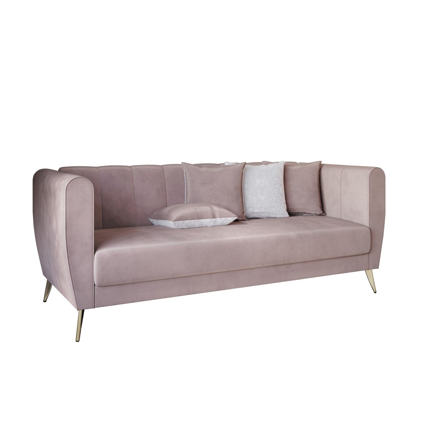 Divano Scarlett Velvet a 3 posti con braccioli svasati e 4 cuscini decorativi