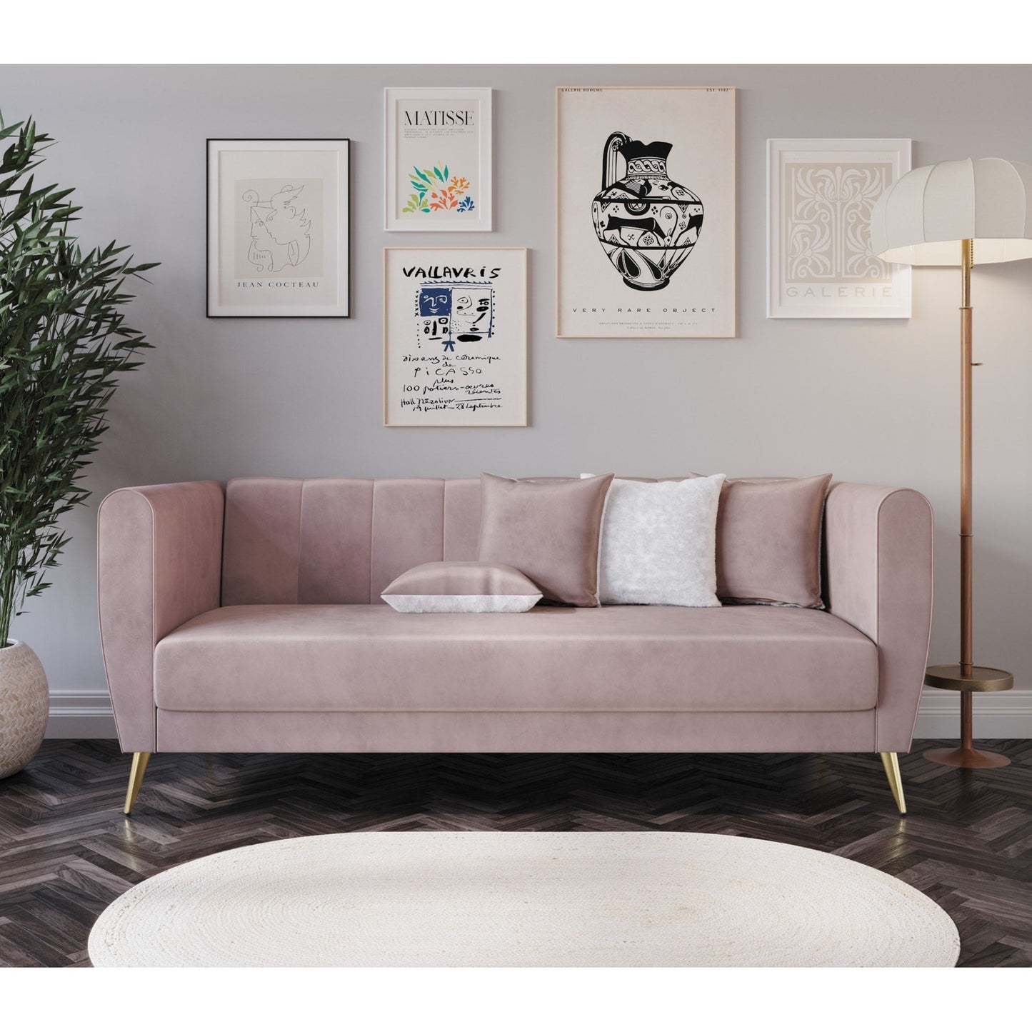 Divano Scarlett Velvet a 3 posti con braccioli svasati e 4 cuscini decorativi