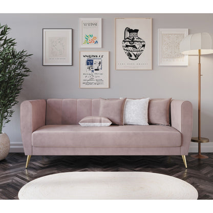 Divano Scarlett Velvet a 3 posti con braccioli svasati e 4 cuscini decorativi