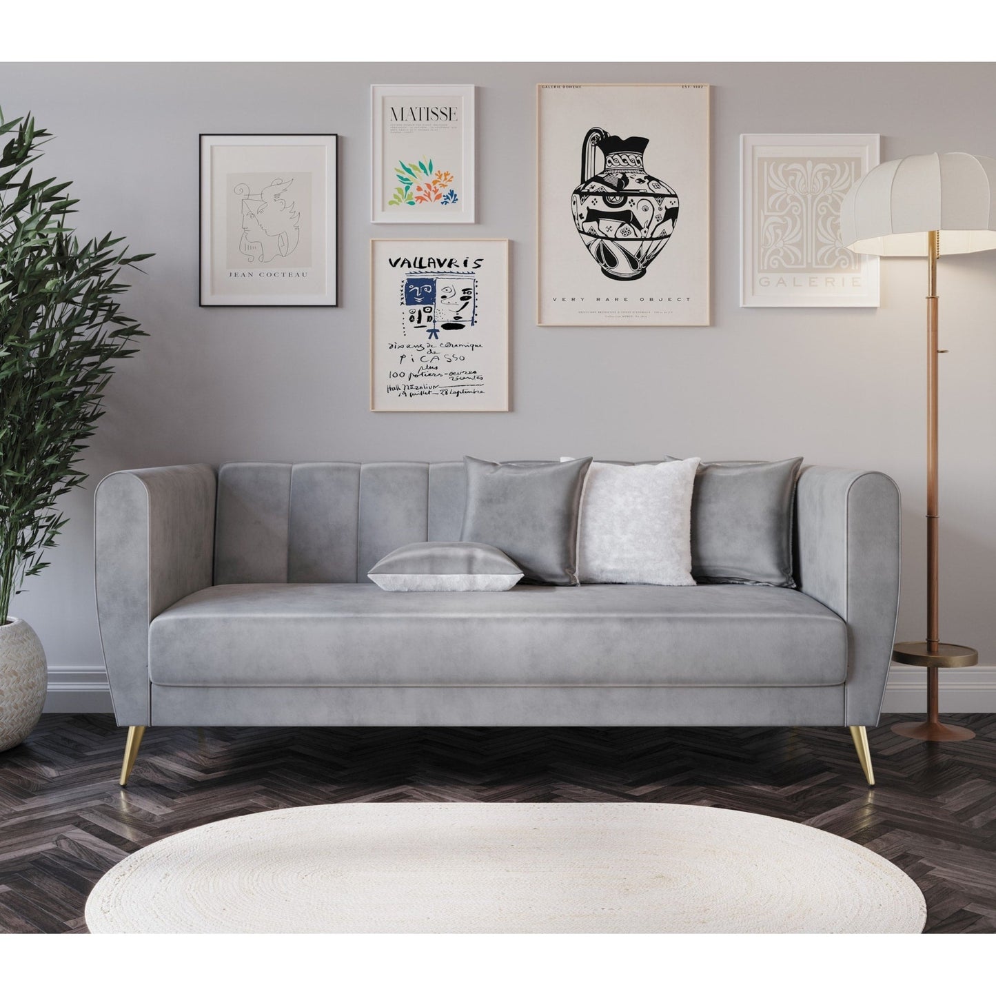 Divano Scarlett Velvet a 3 posti con braccioli svasati e 4 cuscini decorativi